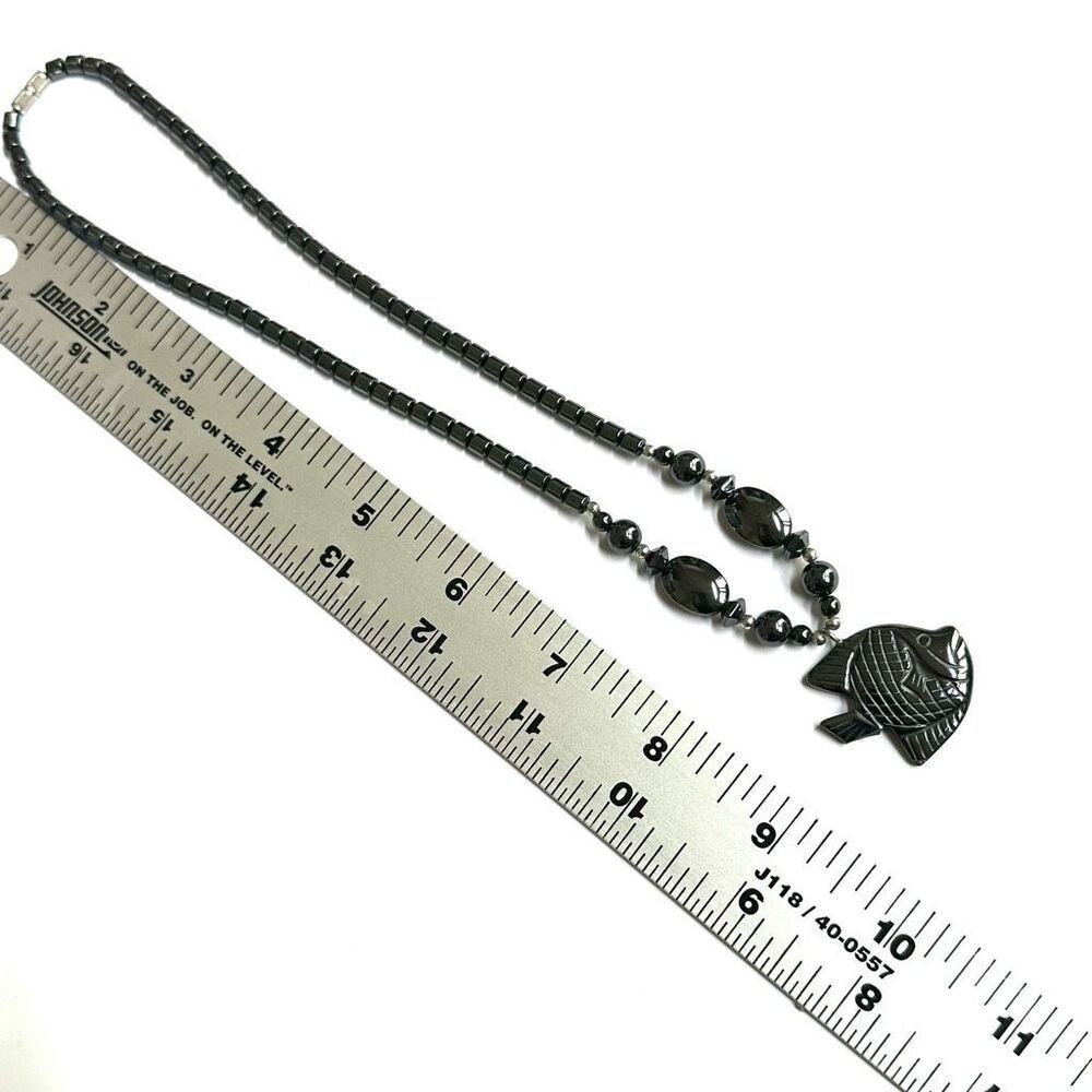 Hematite Carved Fish Pendant Beaded Necklace - Picture 7 of 8
